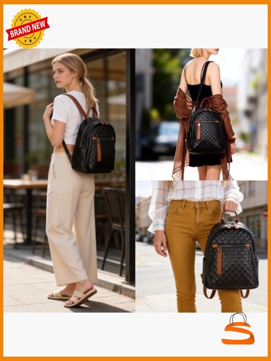 Genuine Leather Backpack Checkerboard Pattern Convertible Shoulder Bag Daypack main image 5